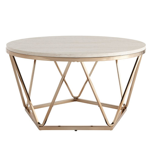 33" White Round Coffee Table with Geometric Base - IMAGE 1