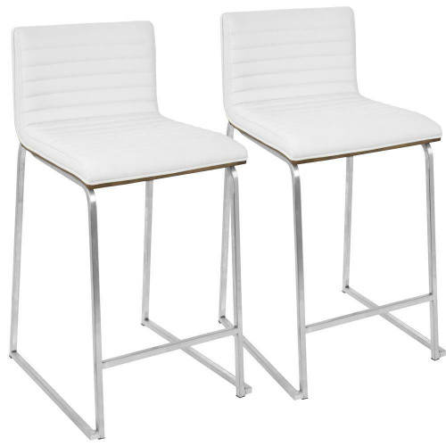 Set of 2 White Leather with Brushed Stainless Steel and Wood Mara Counter Barstools 34" - IMAGE 1