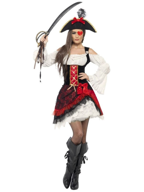 42" Red and White Glamorous Pirate Women Adult Halloween Costume - Small - IMAGE 1