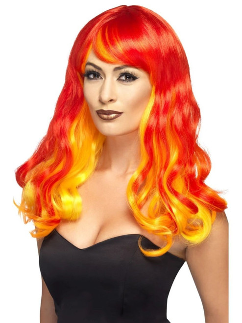 26" Red and Yellow Ombre Devil Flame Women Adult Halloween Wig Costume Accessory - One Size - IMAGE 1