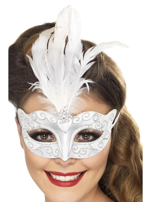 7" White and Silver Glitter Venetian Women Halloween Eye Mask Costume Accessory - One Size - IMAGE 1