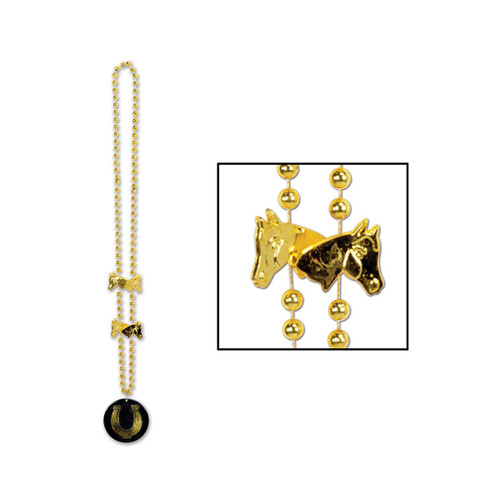 Pack of 12 Gold Derby Day Beads with Horseshoe Medallion Party Necklaces 36" - IMAGE 1