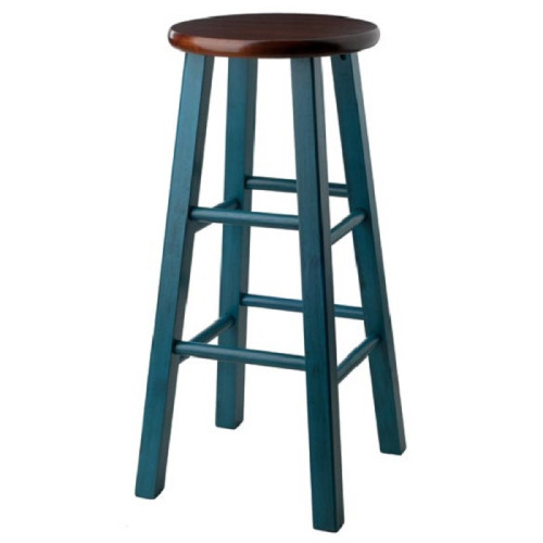 29” Teal Blue Round Counter Barstool with Walnut Seat - IMAGE 1