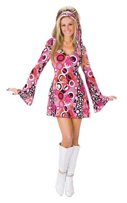 Pink and Black 1970's Groovy Style Women Adult Halloween Costume - Large - IMAGE 1