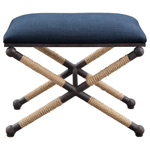 23.5" Navy Blue and Brown Rustic Bench with Cushioned Top - IMAGE 1