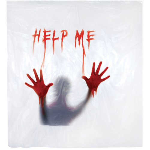 72" Red Real Shower Curtain Help Me Halloween Prop - IMAGE 1