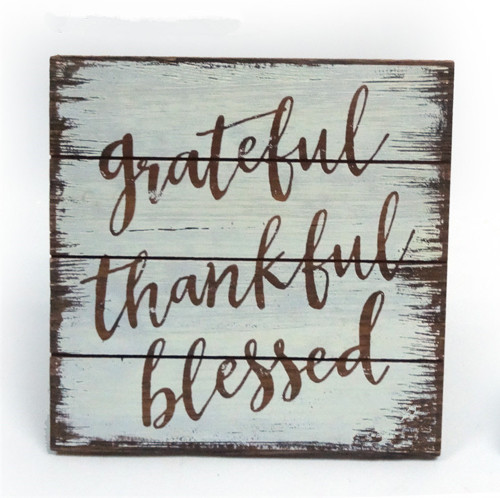 7.75" Brown and Blue Square Rustic Wooden "Grateful, Thankful, and Blessed" Decorative Sign - IMAGE 1