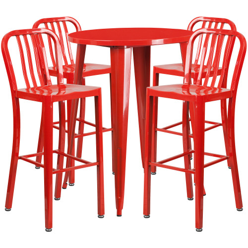 41'' Round Red Metal Indoor-Outdoor Bar Table Set with 4 Vertical Slat Back Stools - IMAGE 1