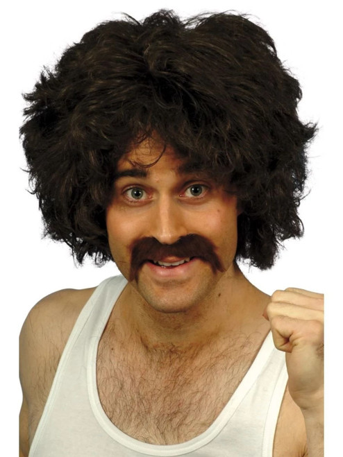 26" Brown and Black 1980's Style Retro Wig and Tash Men Adult Halloween Costume Accessory - One Size - IMAGE 1