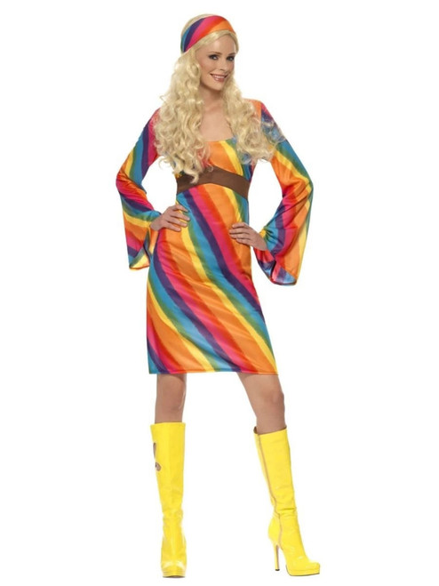 49" Vibrantly Colored 1970's Style Rainbow Hippie Women Adult Halloween Costume - X1 - IMAGE 1