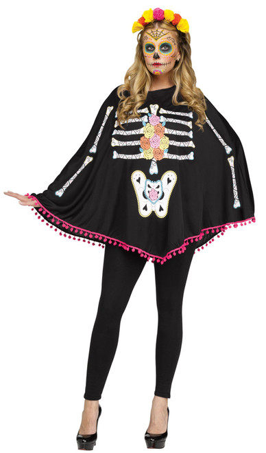 Black and White Poncho Women Adult Day of the Dead Costume - One Size - IMAGE 1