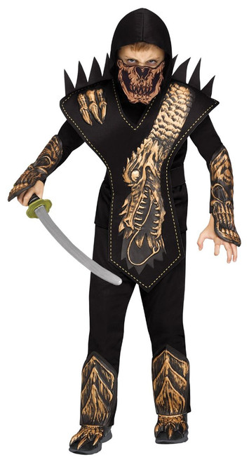 Black and Gold Skull Dragon Ninja Boy Halloween Costume - Small - IMAGE 1