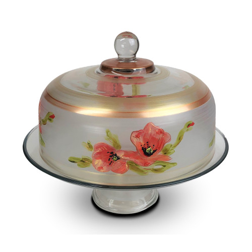 Pink Peony Floral Hand Painted Glass Convertible Cake and Pie Dessert Dome 13" - IMAGE 1