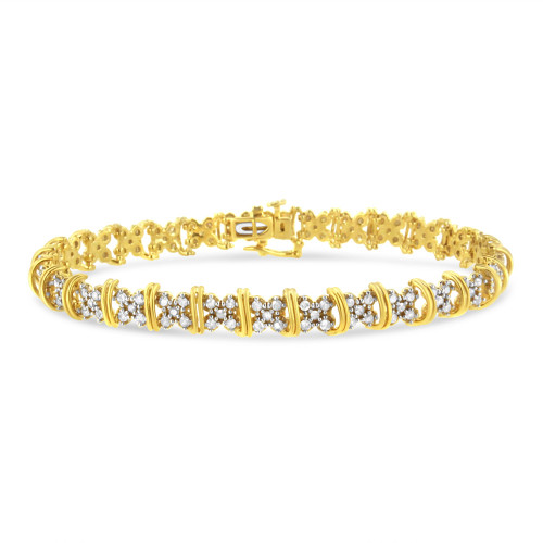 10K Yellow Gold Plated Sterling Silver Round Diamond "X" Shaped Link Bracelet - IMAGE 1