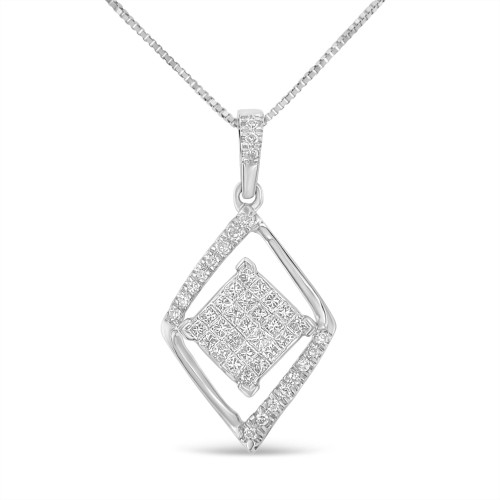 Women's 10k White Gold Round and Princess Cut Diamond Double Rhombus Pendant Necklace - IMAGE 1