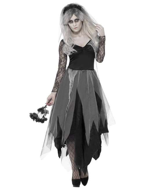 40" Black and Gray Graveyard Bride Women Adult Halloween Costume - Medium - IMAGE 1