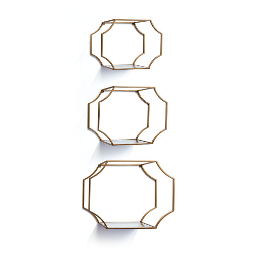 Set of 3 Gold Colored Geometric Mirrored Wall Decor Shelves 20.25” - IMAGE 1