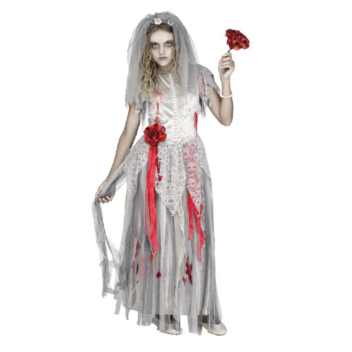 White and Red Halloween Themed Zombie Bride Large Girl Child Costume - IMAGE 1