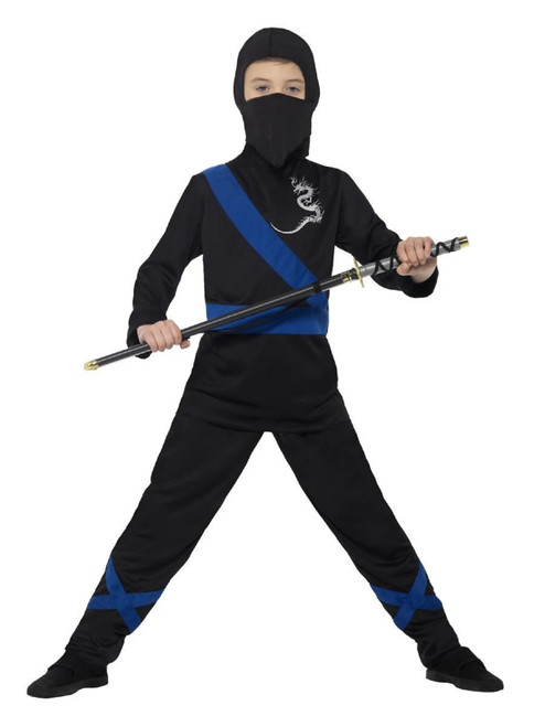 44" Black and Blue Ninja Assassin Boy Child Halloween Costume - Medium - IMAGE 1