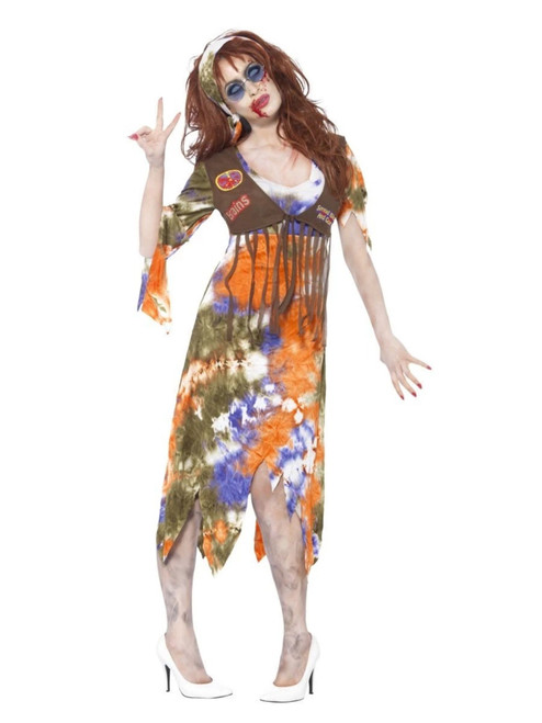 48" Orange and Green Zombie 1960's Style Hippie Women Adult Halloween Costume - Large - IMAGE 1