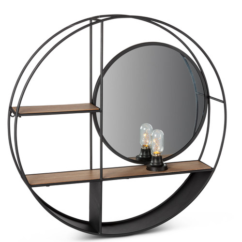 28.25" Black and Brown Unique Round Metal Wall Shelf with Round Mirror - IMAGE 1