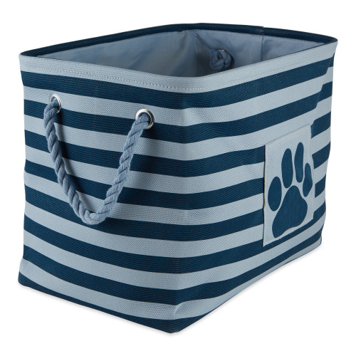 16" Navy Blue and Powder Blue Rectangular Medium Bone Dry Polyester Pet Bin Stripe With Paw Patch - IMAGE 1