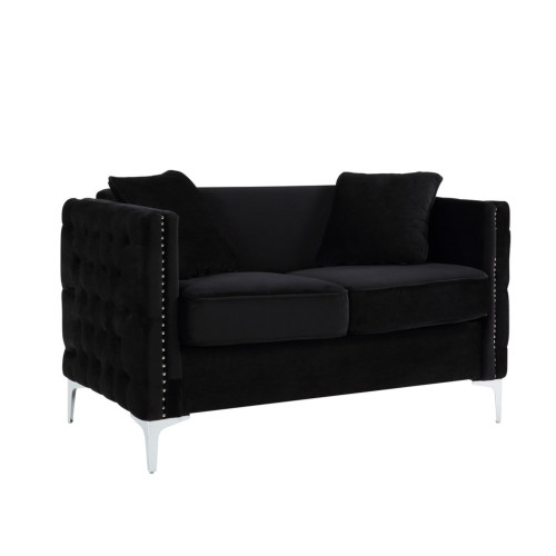 4.25' Jet Black Velvet Modern Style Loveseat with 2 Pillows - IMAGE 1