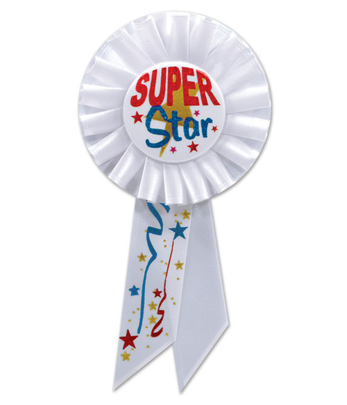 Pack of 6 White "Super Star" School and Sports Award Rosette Ribbons 6.5" - IMAGE 1