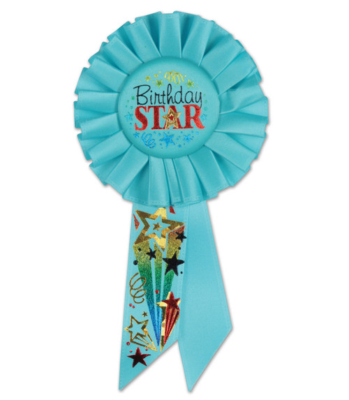 Pack of 6 Aqua Blue "Birthday Star" Party Celebration Rosette Ribbons 6.5" - IMAGE 1