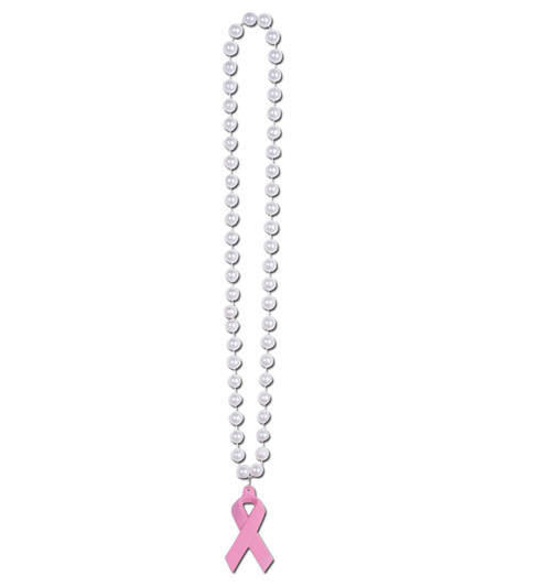 Club Pack of 12 Pink Breast Cancer Awareness Ribbon Medallion Necklace Party Favors 40" - IMAGE 1
