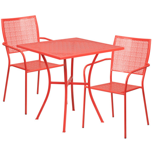 3-Piece Red Steel Finish Square Outdoor Furniture Patio Table Set with Chairs - IMAGE 1