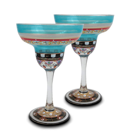 Set of 2 Blue Mosaic Carnival Confetti Hand Painted Margarita Drinking Glasses 7" - IMAGE 1