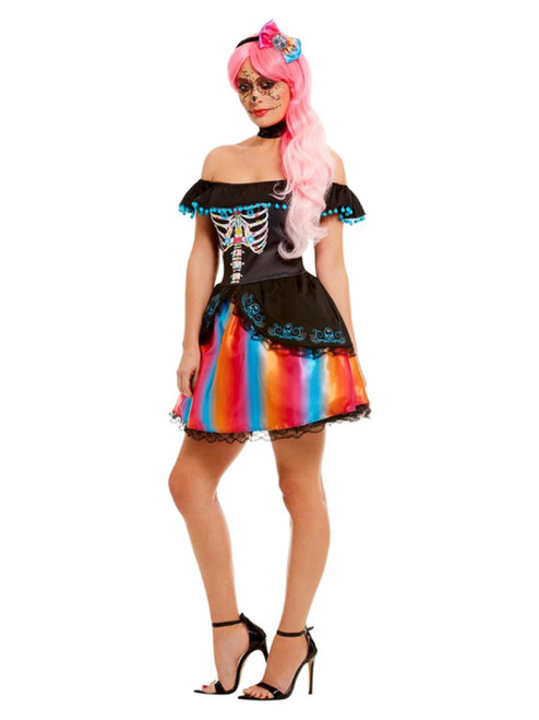 Black and Blue Day of the Dead Senorita Ombre Women Adult Halloween Costume - Large - IMAGE 1