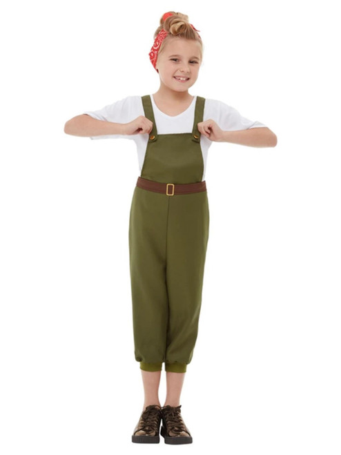 49" Green and White WW2 Little Land Girl Child Halloween Costume - Medium - IMAGE 1