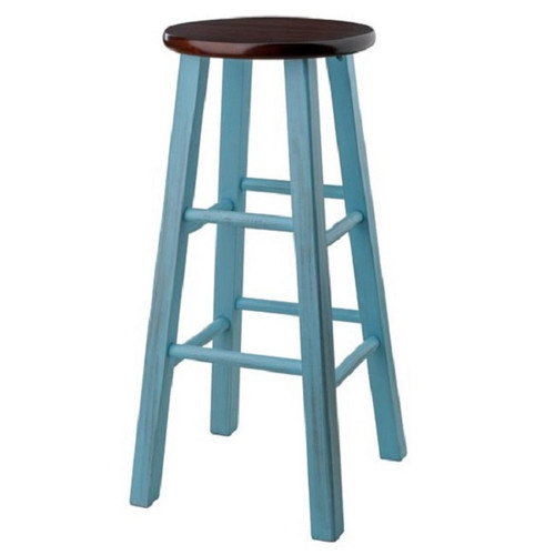 29” Rustic Light Blue Round Counter Barstool with Walnut Seat - IMAGE 1