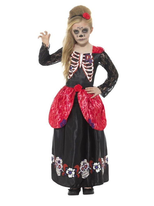 30" Black and Red Deluxe Day of the Dead Girl Child Halloween Costume - Small - IMAGE 1
