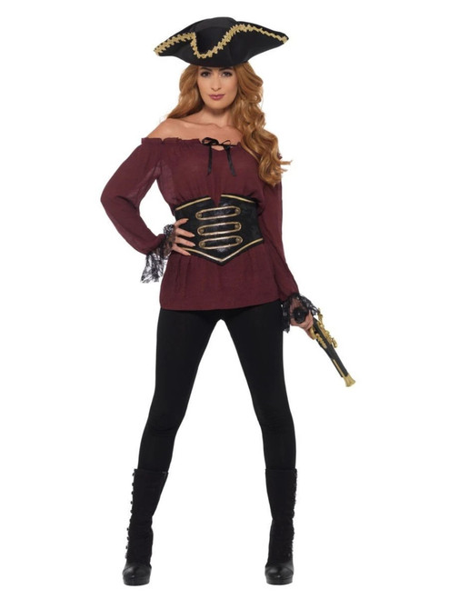 49" Burgundy Red and Black Deluxe Pirate Shirt Women Adult Halloween Costume - Medium - IMAGE 1