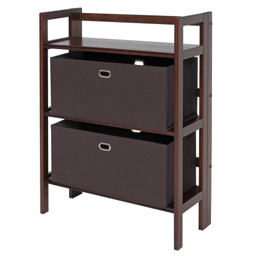 38.5" Walnut Folding Bookcase with Chocolate Fabric Basket - IMAGE 1