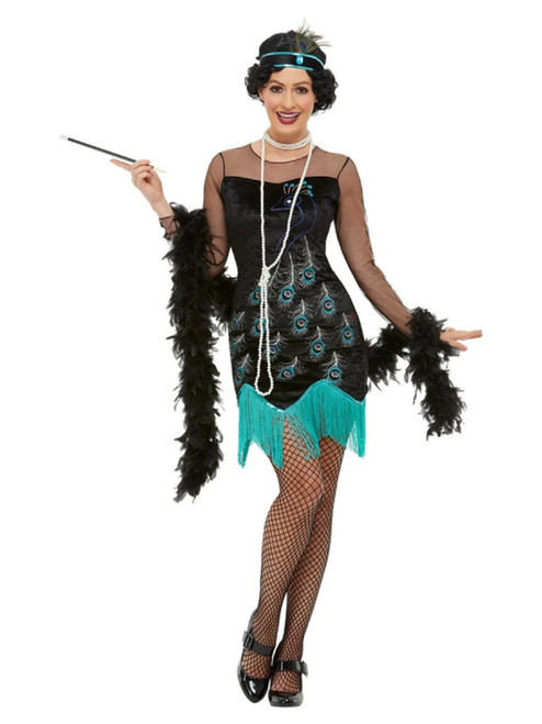 49" Green and Blue 1920's Style Peacock Flapper Women Adult Halloween Costume - Medium - IMAGE 1