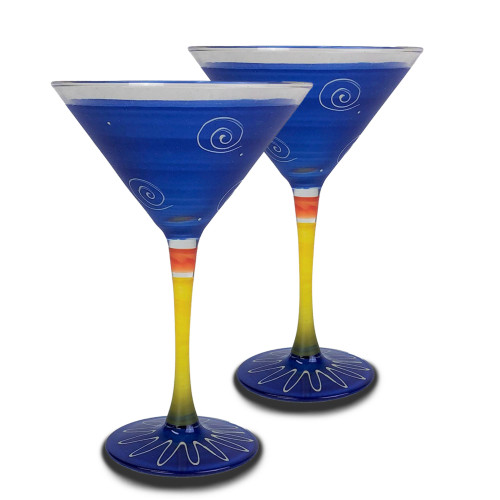 Set of 2 Blue and White Hand Painted Martini Drinking Glasses 7.5 oz. - IMAGE 1