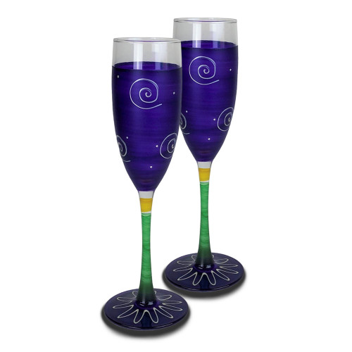 Set of 2 Purple and Green Hand Painted Champagne Drinking Glasses 5.75 oz. - IMAGE 1