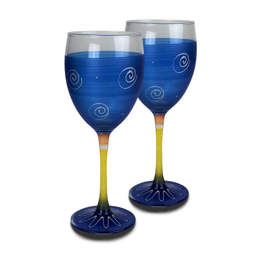 Set of 2 Blue and White Hand Painted Wine Drinking Glasses 10.5 oz. - IMAGE 1
