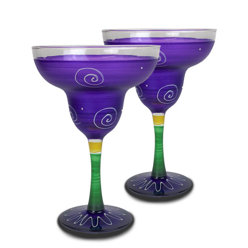 Set of 2 Purple and Yellow Hand Painted Margarita Drinking Glasses 12 oz. - IMAGE 1