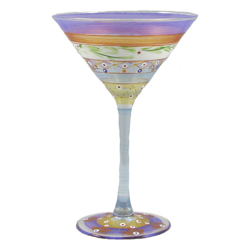 Set of 2 Purple Mosaic Garland and Stripes Hand Painted Martini Drinking Glasses 7" - IMAGE 1