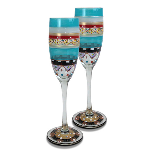 Set of 2 Blue Mosaic Carnival Confetti Hand Painted Champagne Flute Glasses 8.75" - IMAGE 1