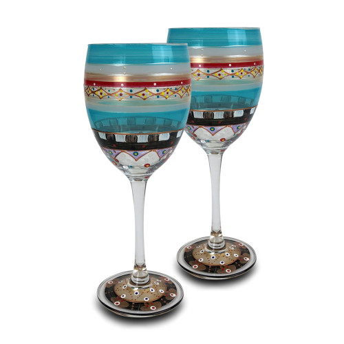 Set of 2 Blue Mosaic Carnival Confetti Hand Painted Wine Drinking Glasses 8" - IMAGE 1