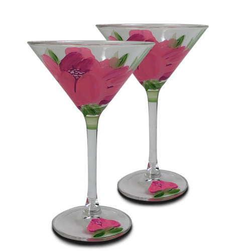 Set of 2 Pink Peony Floral Hand Painted Martini Stemware Glasses 6.75" - IMAGE 1