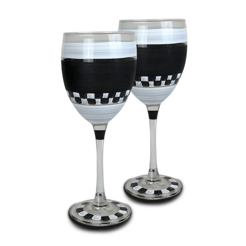 Set of 2 Black and White Checkered Wine Glasses 8" - IMAGE 1