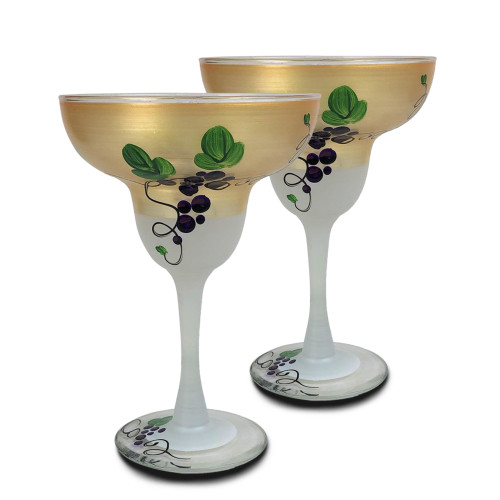 Set of 2 Purple and Gold Grapes Hand Painted Margarita Drinking Glasses 12 oz. - IMAGE 1