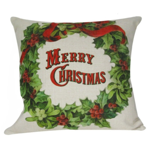 18" White and Green 'Merry Christmas' Berry Wreath Throw Pillow Cover - IMAGE 1